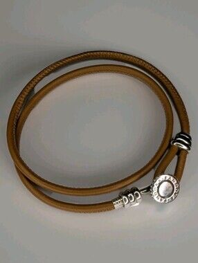 Retired Pandora Tan Leather Bracelet Sterling Silver Double Wrap Tan Leather